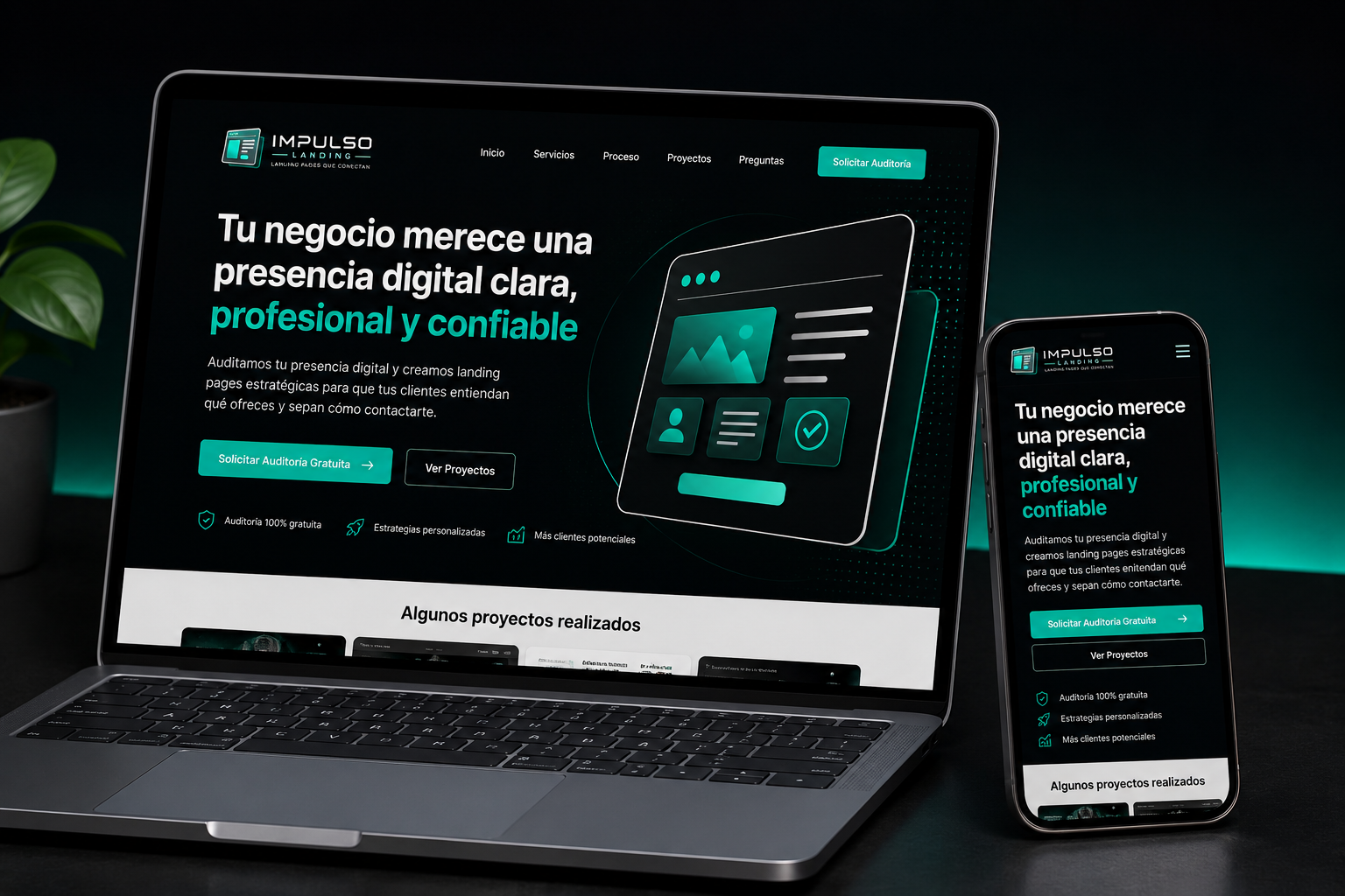 Mockup de landing page Impulso Landing en laptop y móvil