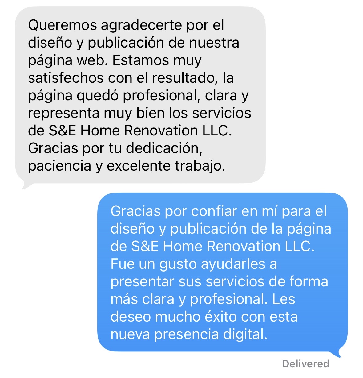 Mensaje de agradecimiento de S&E Home Renovation LLC por su landing page